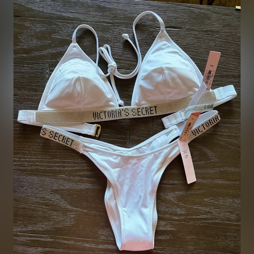 Victoria's Secret White Embellished Logo String Bikini Set - NWT Make An Offer